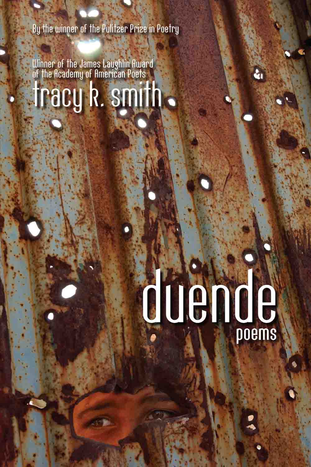 Duende book cover, showing a rusted metal wall with a woman's concerned eyes visible through one of the holes